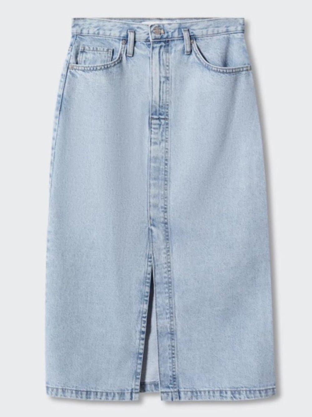 Mango Denim Midi Skirt S Light Wash High Rise Front Slit Jean 90s Casual